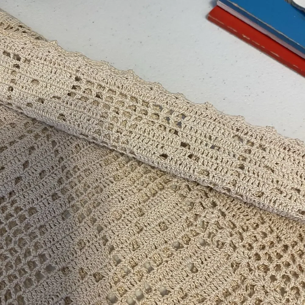 VTG 80s HandCrocheted Lace Tablecloth Beige Handmade Floral CottageHome 53x98”